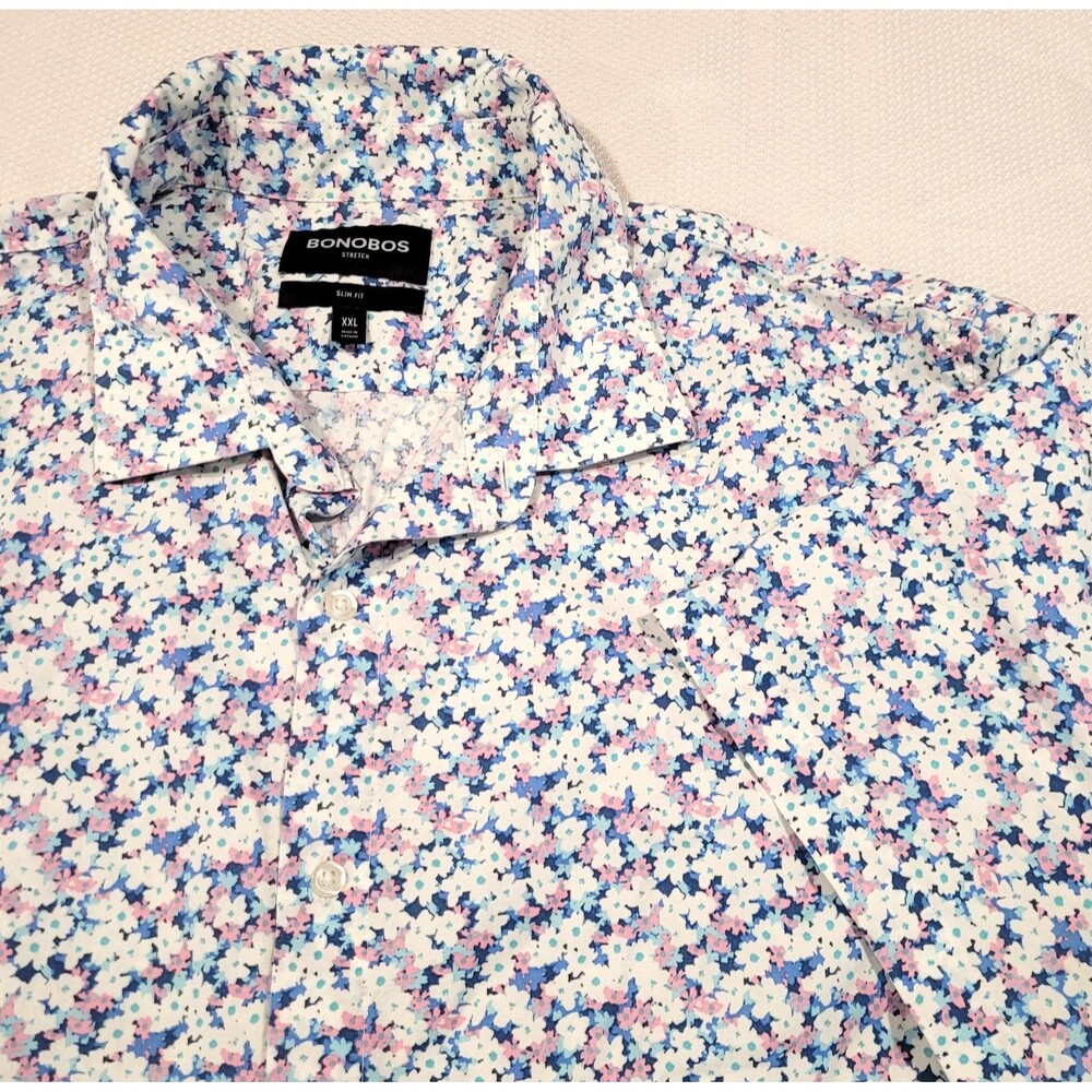 Bonobos Mens XXL Slim Fit Floral Button Shirt Short Sleeve Stretch Casual Blue